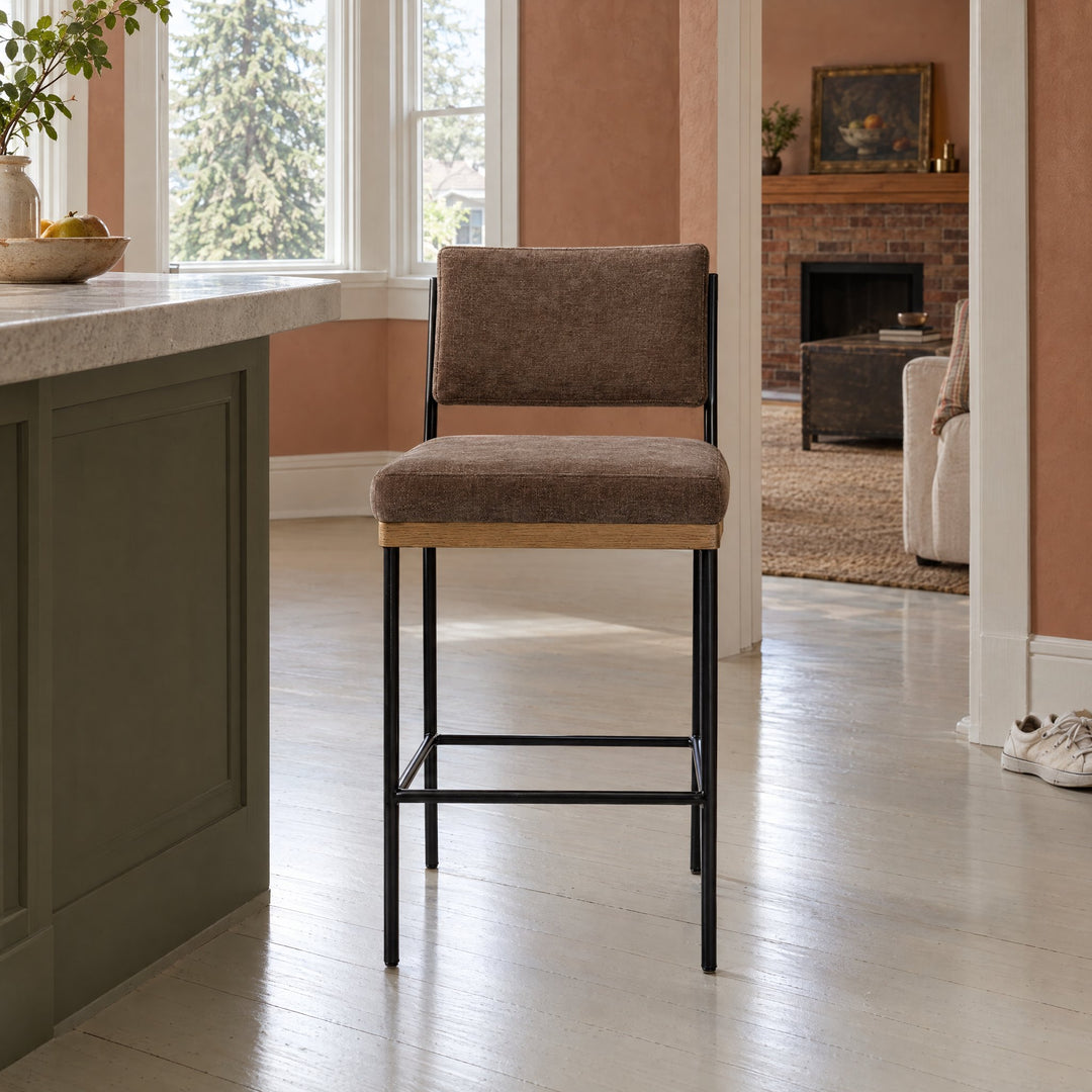 Benton Bar &amp; Counter Stool in Altair Mushroom / Smoked Grey / Midnight Iron / Counter styled in a Portland home - Whats New Furniture