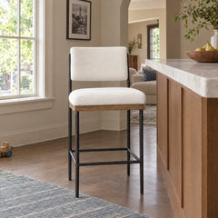 Benton Bar &amp; Counter Stool in Fayette Cloud / Drifted Oak / Midnight Iron / Counter styled in a Portland home - Whats New Furniture