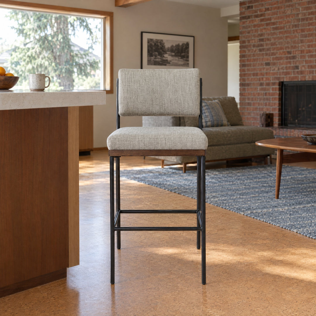Benton Bar &amp; Counter Stool in Savile Flannel / Almond Oak / Midnight Iron / Counter styled in a Portland home - Whats New Furniture