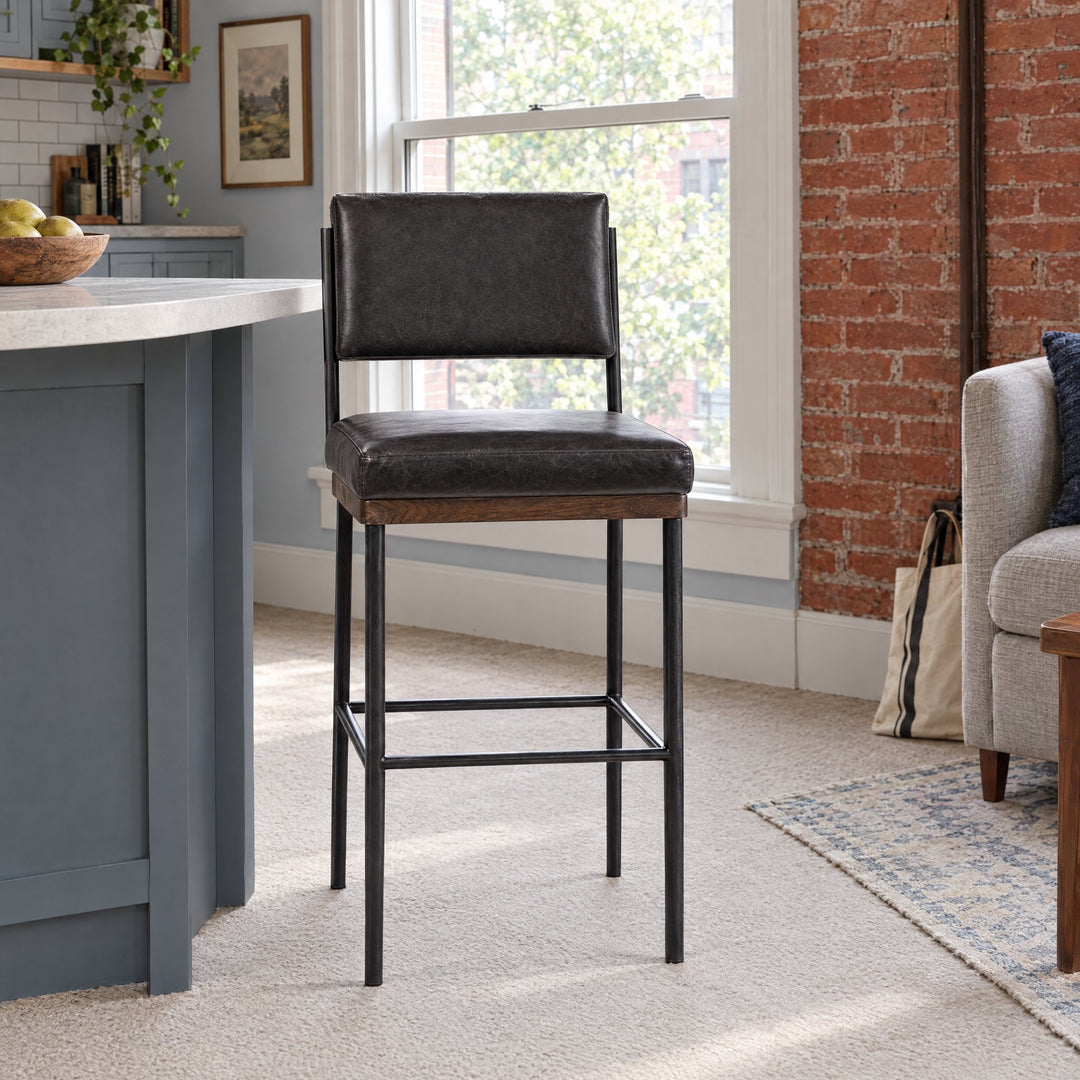 Benton Bar &amp; Counter Stool in Sonoma Black / Burnt Oak / Midnight Iron / Counter styled in a Portland home - Whats New Furniture