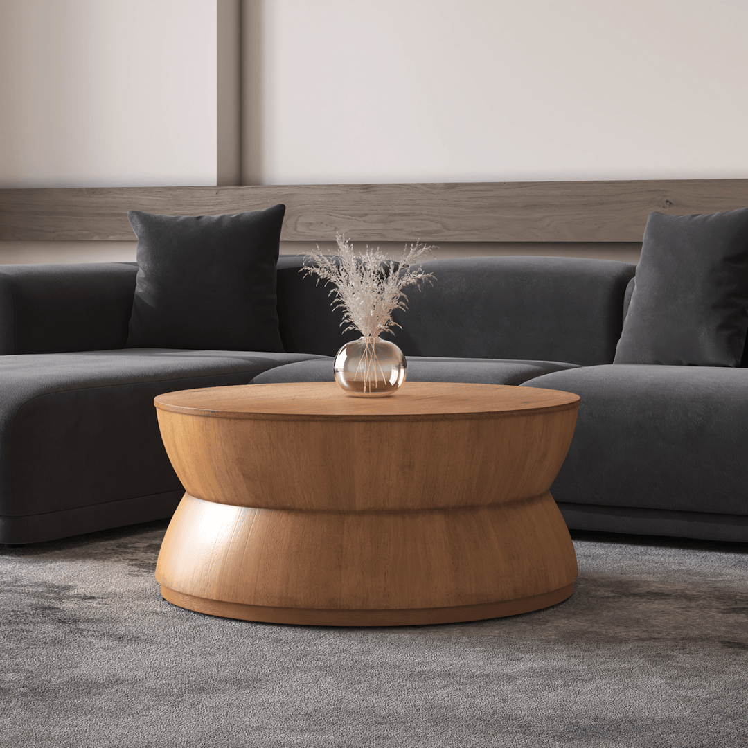 Bernie Coffee Table in Java Brown room setting - round coffee table by NPD - Whats New Furniture Portland OR