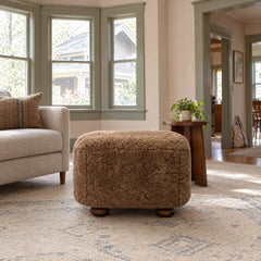 Bilbury Oval Ottoman in Amber Shearling styled in a Portland home - Whats New Furniture