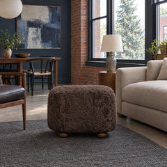 Bilbury Oval Ottoman in Cocoa Shearling styled in a Portland home - Whats New Furniture
