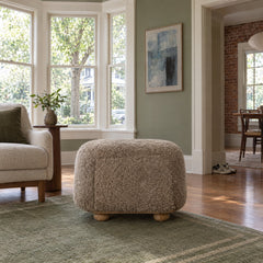 Bilbury Oval Ottoman in Taupe Shearling styled in a Portland home - Whats New Furniture
