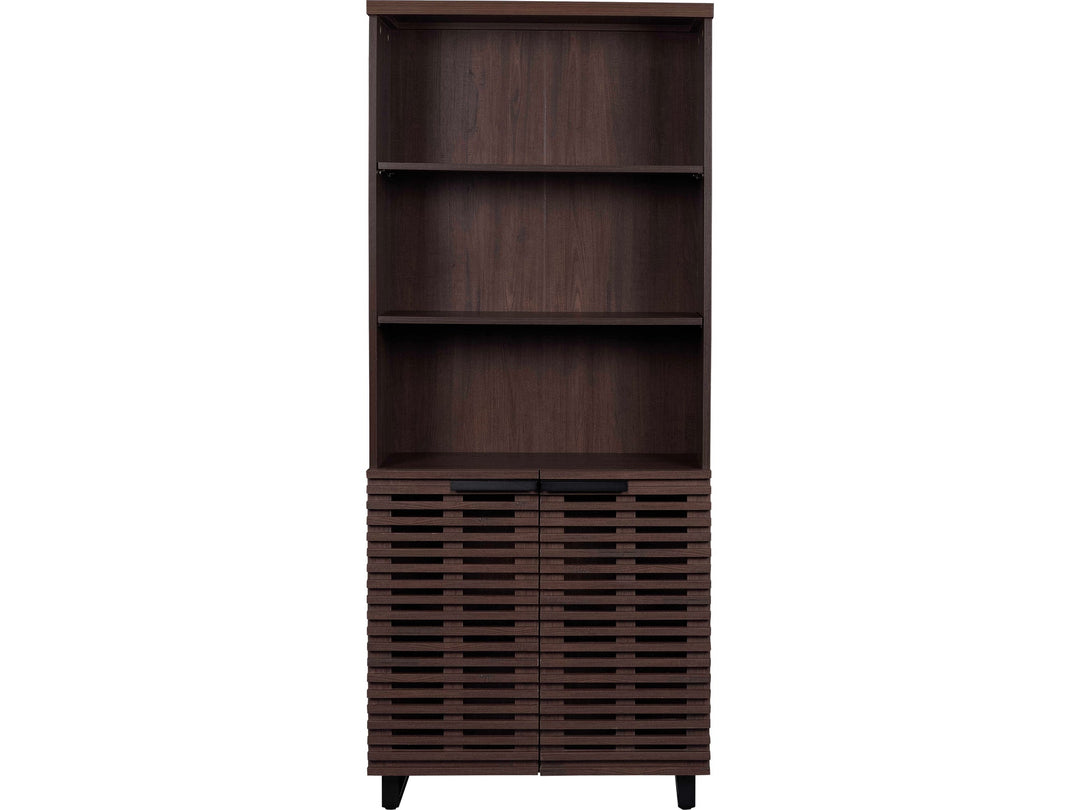 Bisana Bookcase in Brown three-quarter angle view - modern tall bookcase with slatted doors by Unique Furniture - Whats New Furniture Portland OR