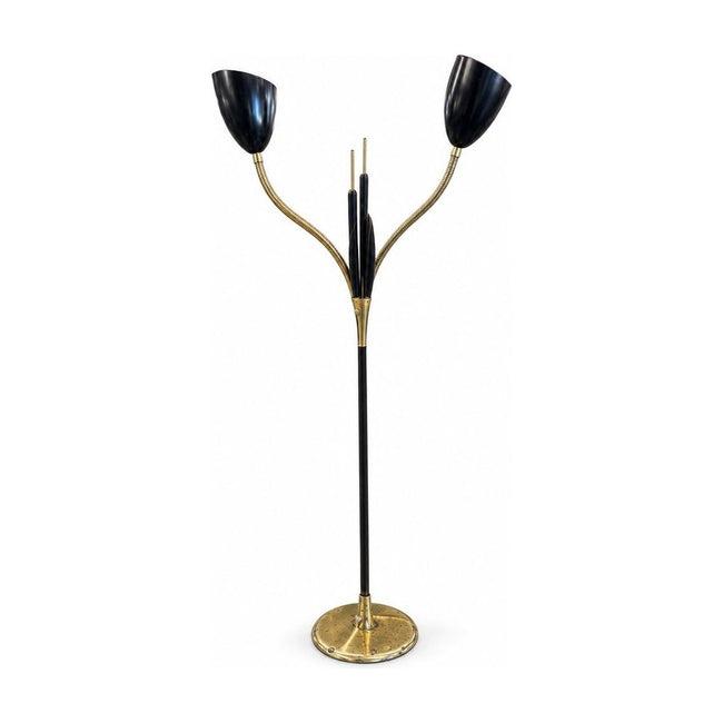 Black and brass vintage cattail double floor lamp with two slender metal stems.