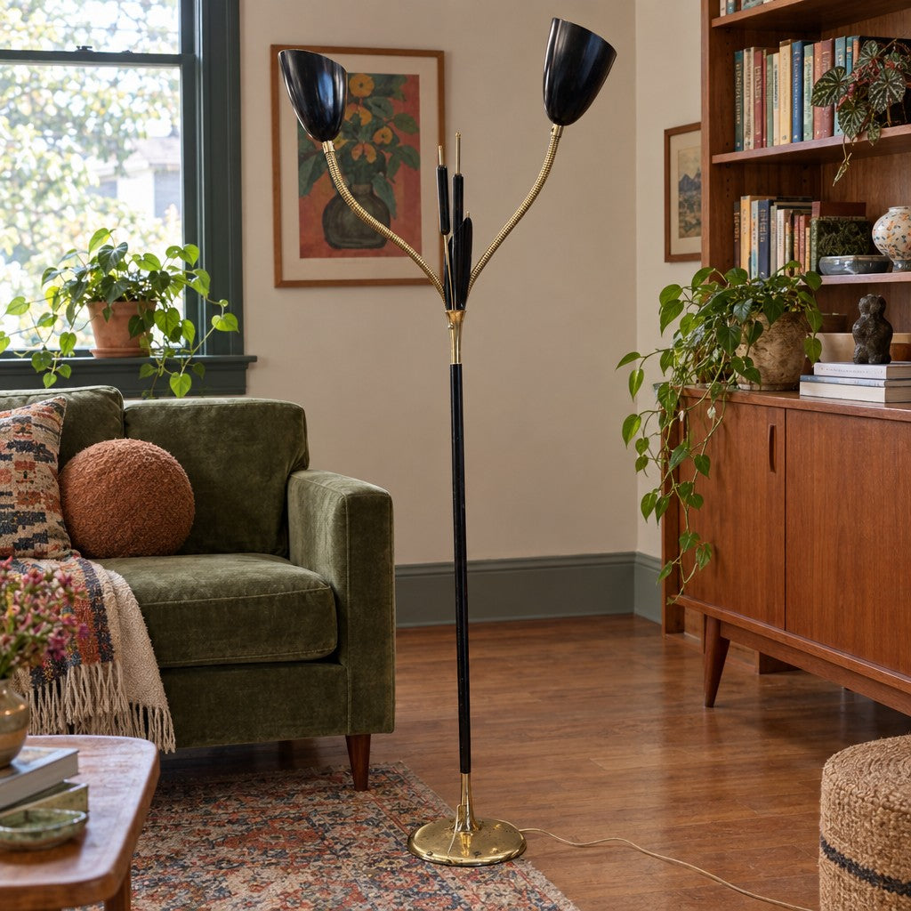 Black and brass vintage cattail double floor lamp with two slender metal stems. - detail view 1