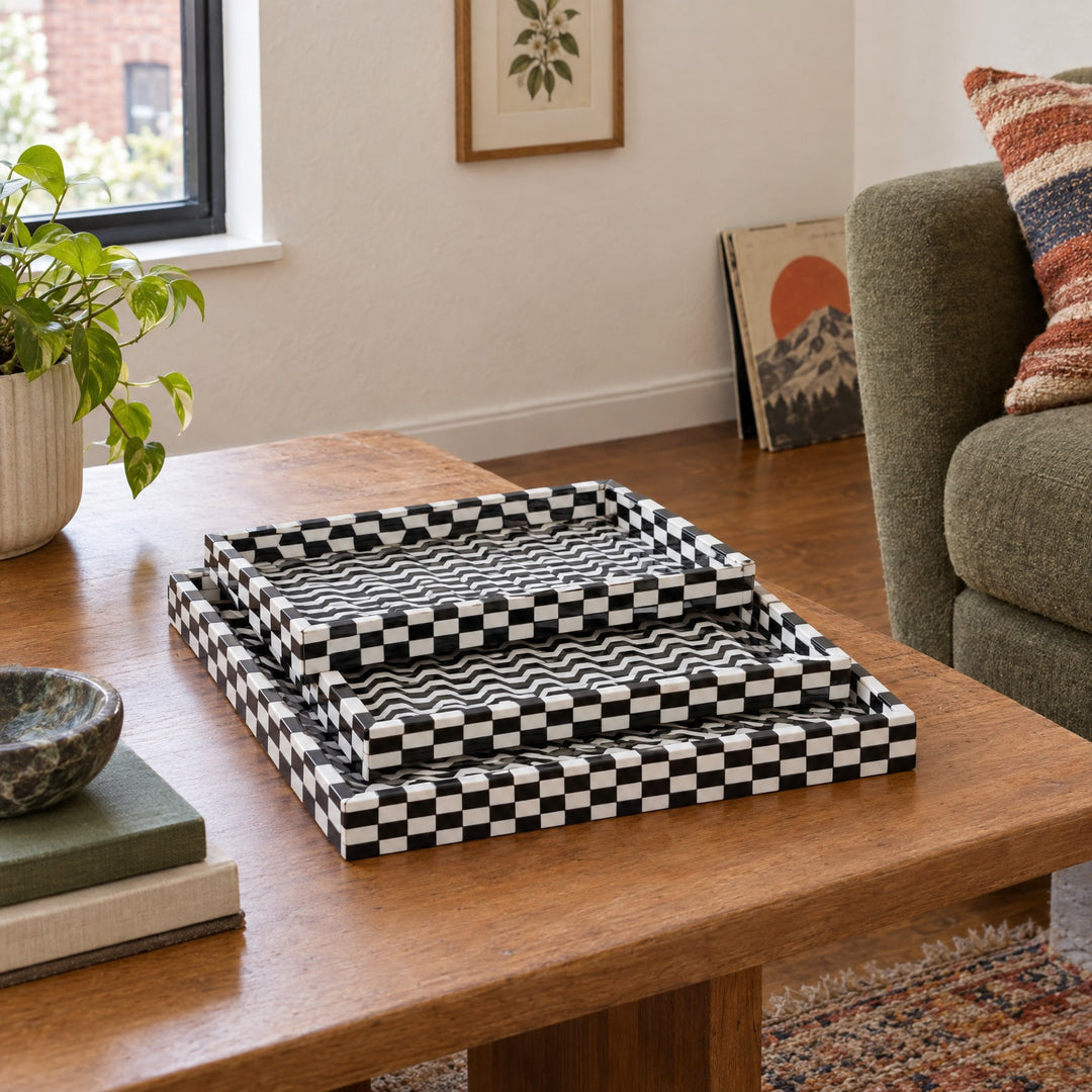 Black &amp; White Geometric Resin Trays, Set of 3 styled in a Portland living room - Whats New Furniture