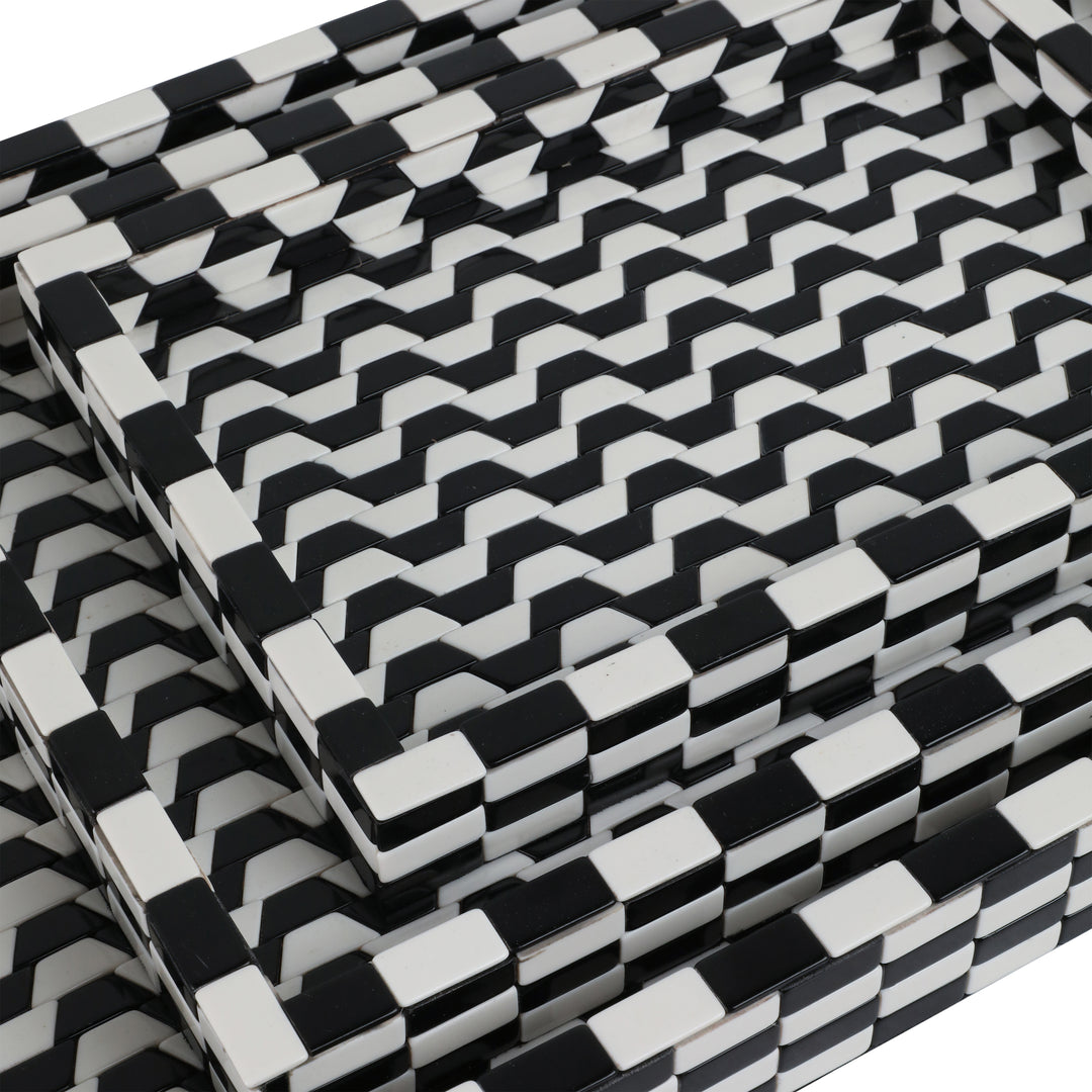 Black &amp; White Geometric Resin Trays, Set of 3 wave pattern close up - decorative tray by Sagebrook Home - Whats New Furniture Portland OR