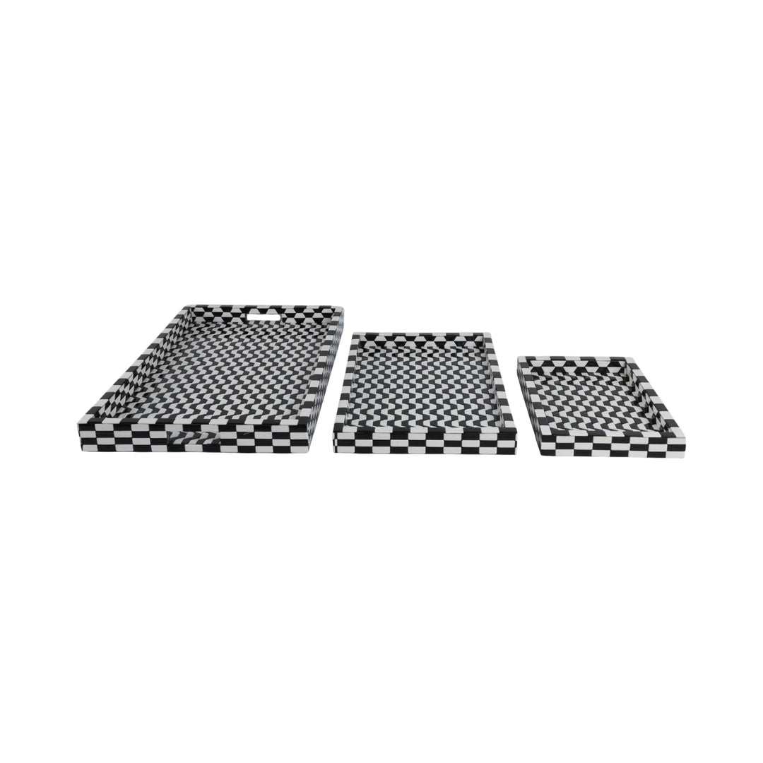 Black &amp; White Geometric Resin Trays, Set of 3 three trays side by side - decorative tray by Sagebrook Home - Whats New Furniture Portland OR
