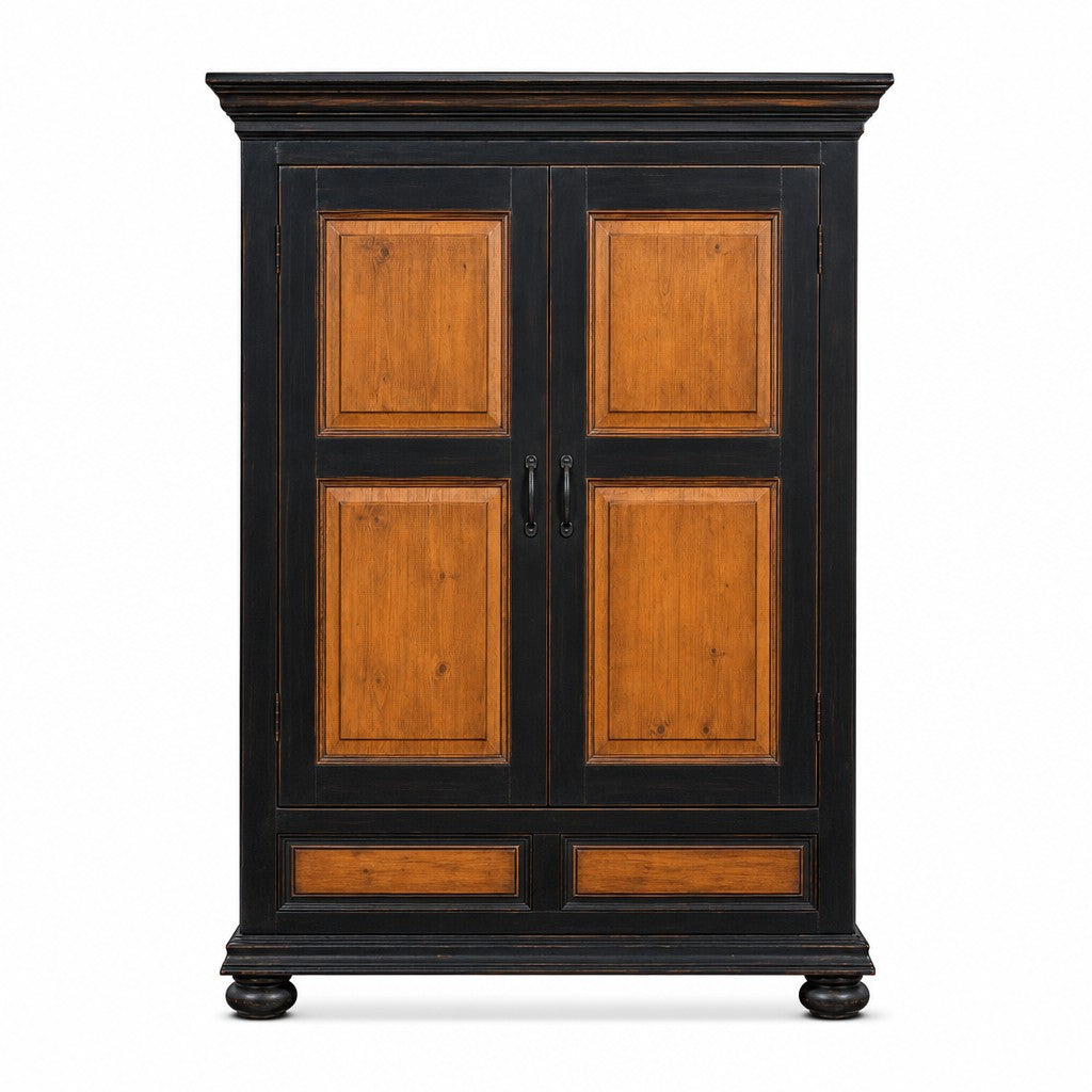 Black and Honey Oak traditional two-door armoire with honey-oak inset door panels.