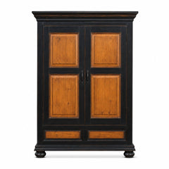 Black and Honey Oak traditional two-door armoire with honey-oak inset door panels.