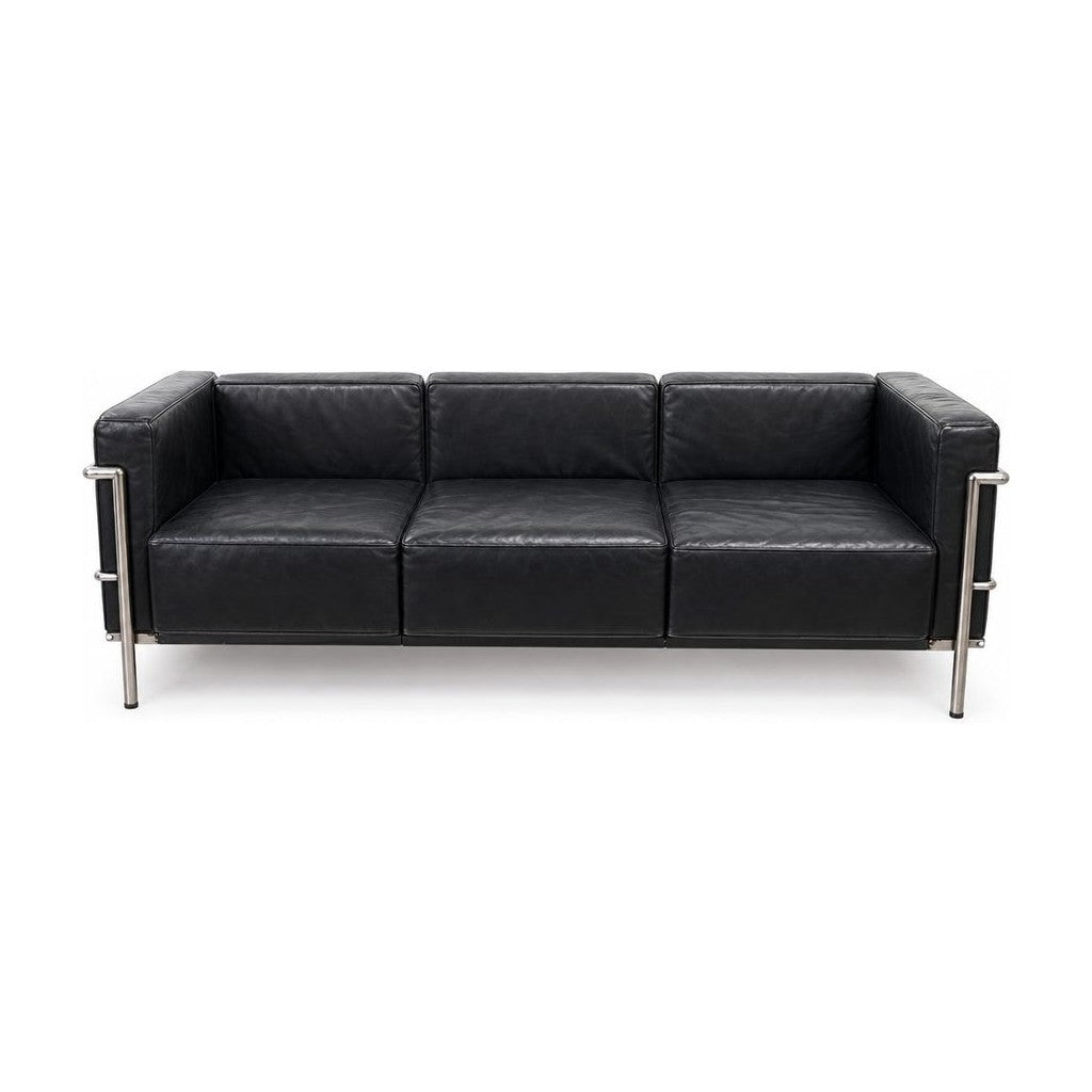 Black LC3 leather sofa with cubic cushions on a chrome tubular frame