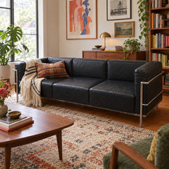 Black LC3 leather sofa with cubic cushions on a chrome tubular frame - detail view 1