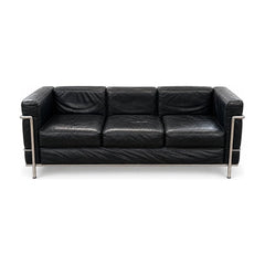 Black leather sofa with cubic cushions and a tubular steel frame - Whats New Furniture Portland OR
