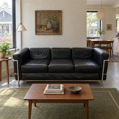 Modernist Leather Sofa, LC2-Style in Black styled in a Portland home - Whats New Furniture