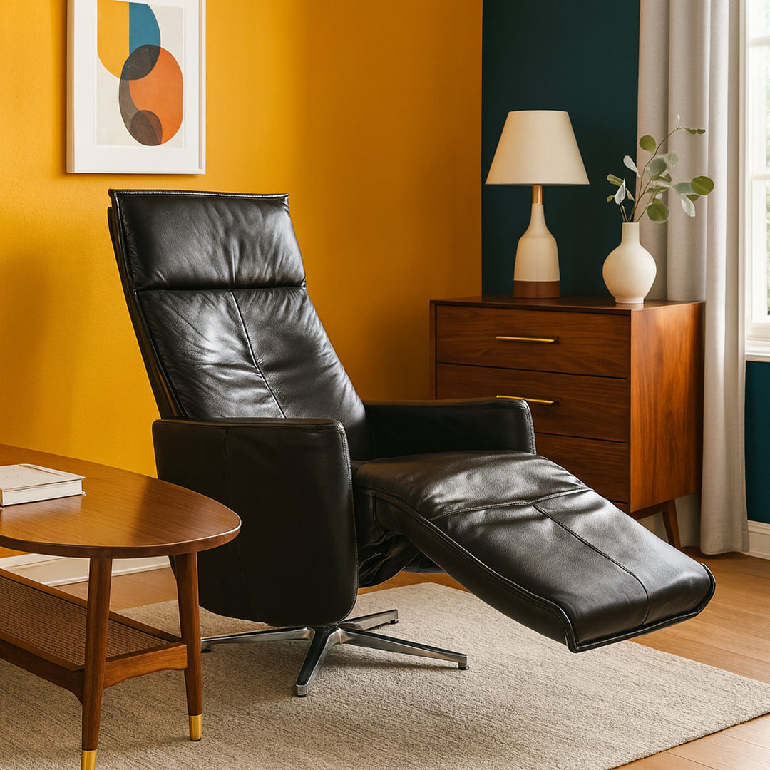 Black Leather Recliner detail view 5 - Whats New Furniture - Portland, Oregon