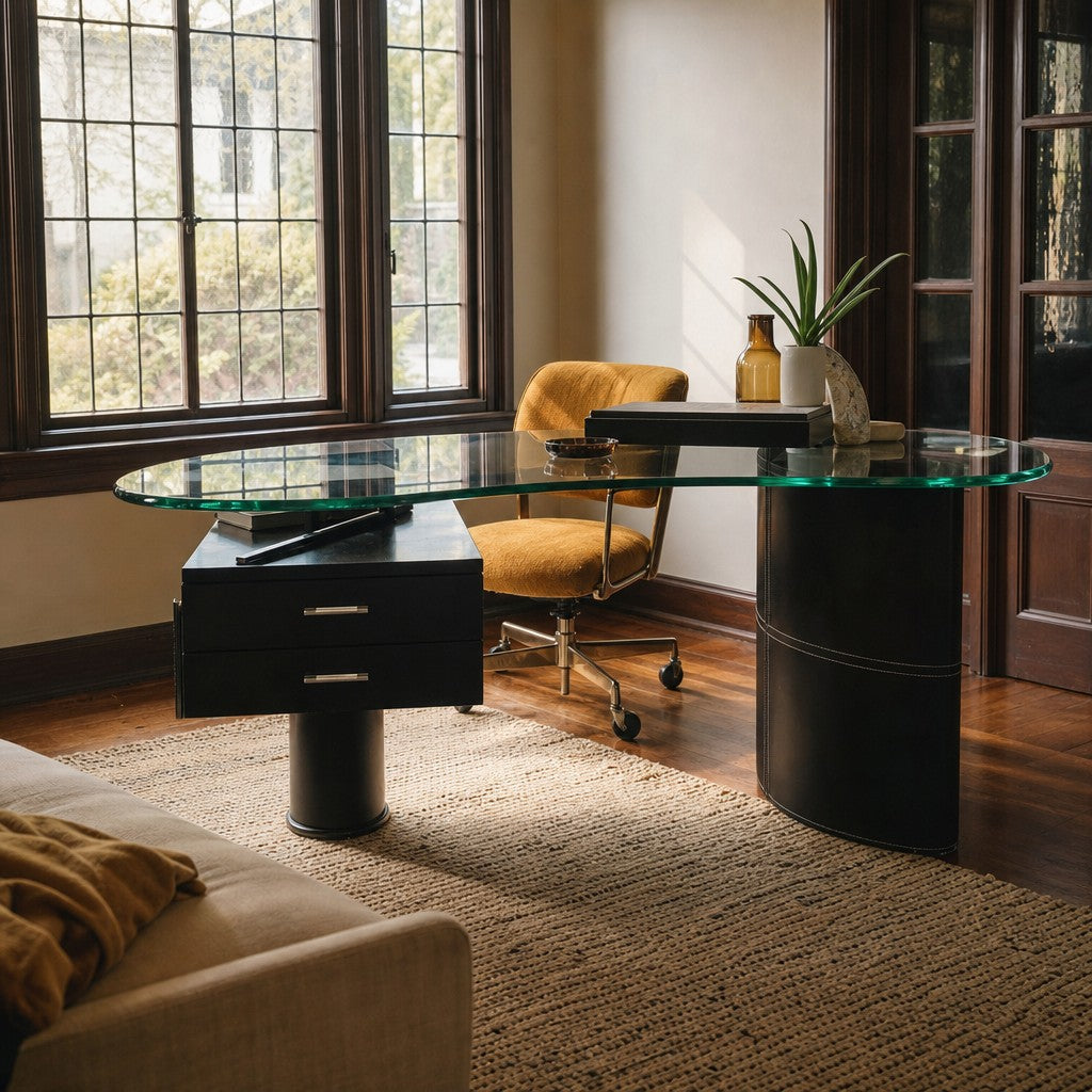 Black leather-topped mid-century executive desk with wood frame and glass accent - view 2