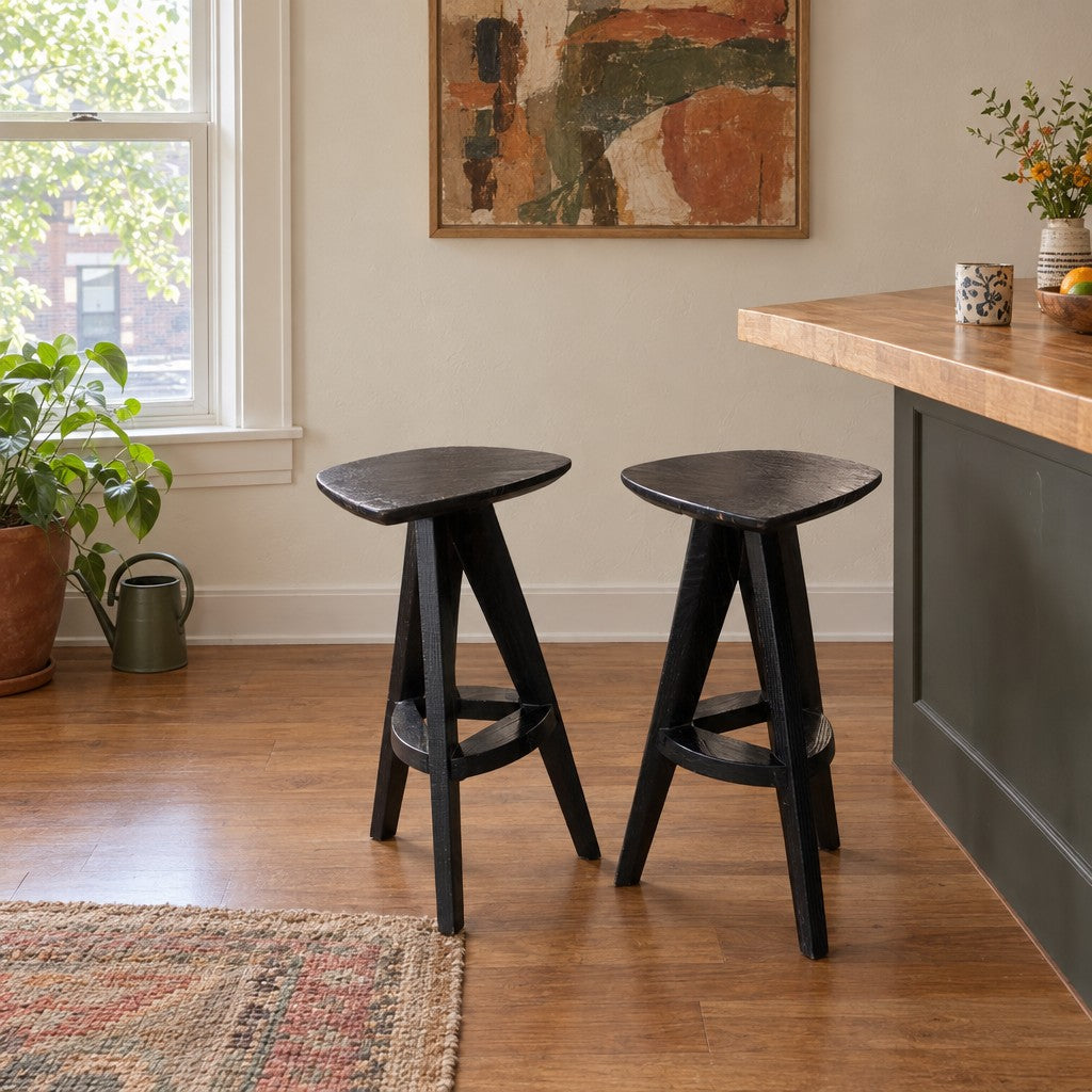 Black wood bar stool with a compact square seat - detail view 1
