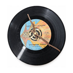 Black vinyl record clock with America the Beautiful album art on the disc.