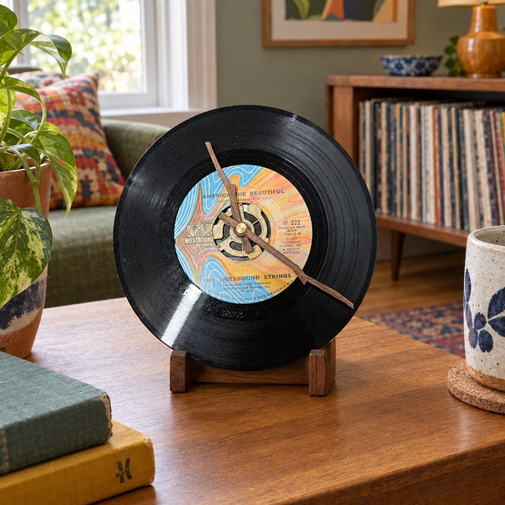 Black vinyl record clock with America the Beautiful album art on the disc. - detail view 1