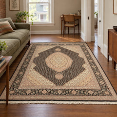 Sino-Persian Wool and Silk Area Rug in Black styled in a Portland home - Whats New Furniture