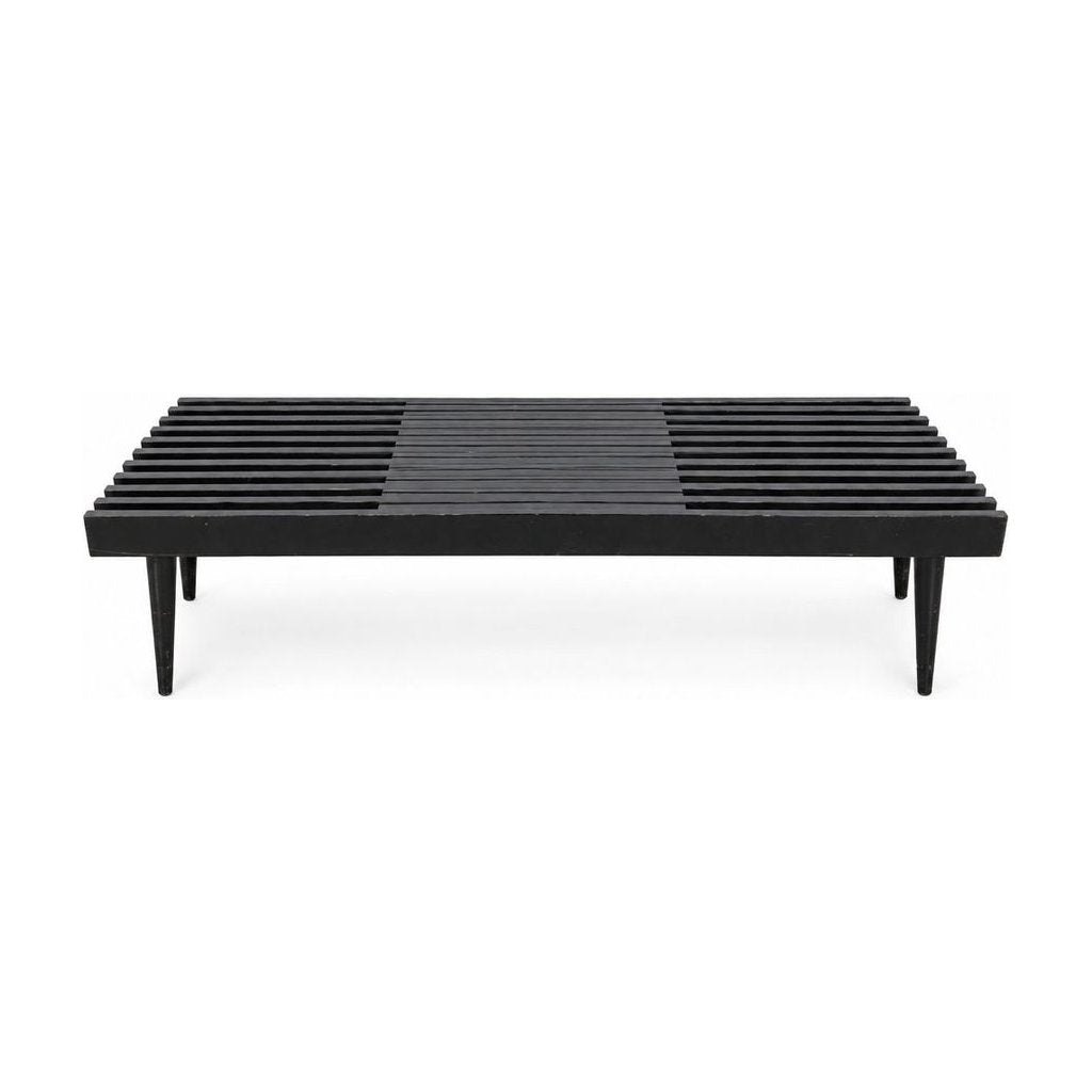 Black solid wood slat bench with an extendable top and visible wear - Whats New Furniture Portland OR