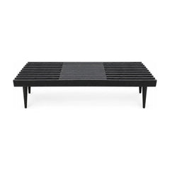 Black solid wood slat bench with an extendable top and visible wear - Whats New Furniture Portland OR