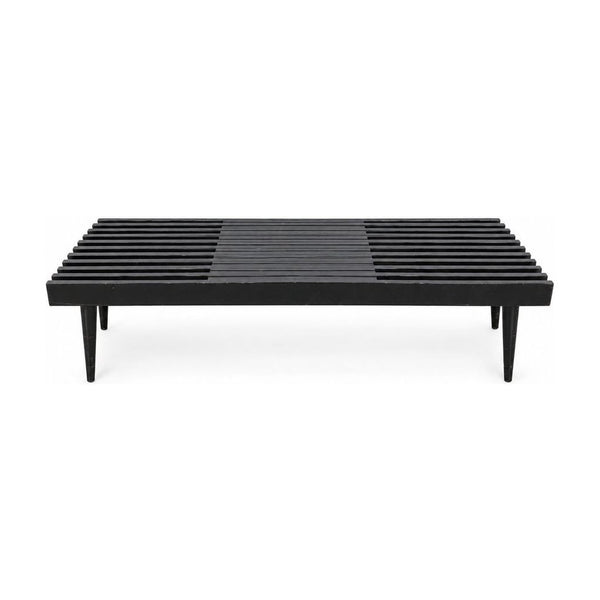 Black solid wood slat bench with an extendable top and visible wear - Whats New Furniture Portland OR