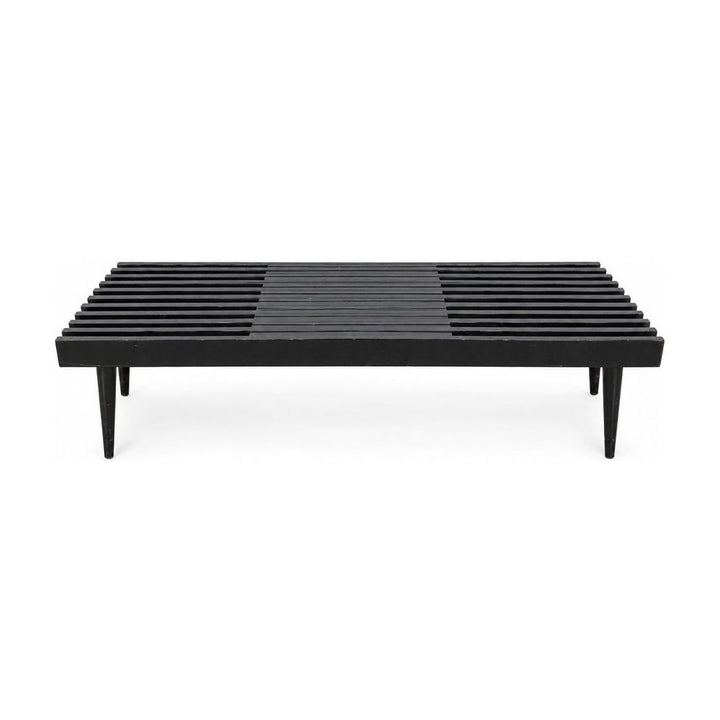 Black solid wood slat bench with an extendable top and visible wear - Whats New Furniture Portland OR