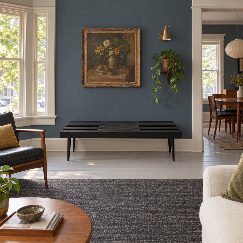 Yugoslav Solid Wood Extendable Slat Bench in Black styled in a Portland home - Whats New Furniture