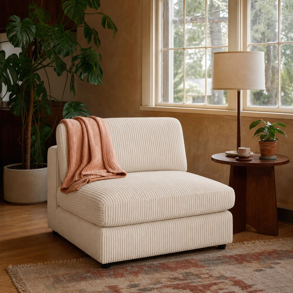 Blaine Upholstered Armless Chair Sand styled in Portland 1960s Garden Home ranch living room - What&