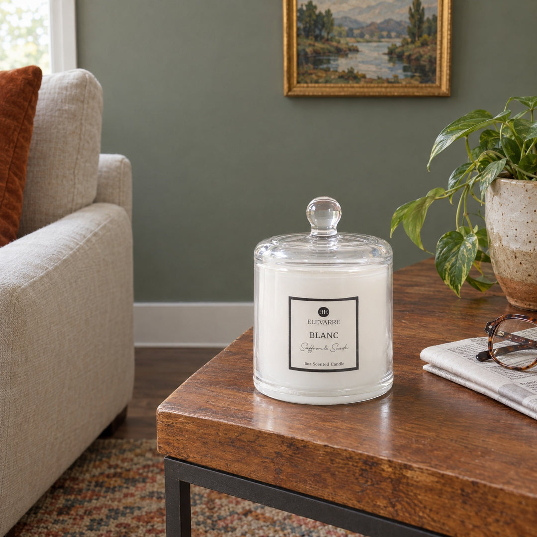 Blanc Saffron &amp; Suede Cloche Candle, 6 oz styled in a Portland living room - Whats New Furniture