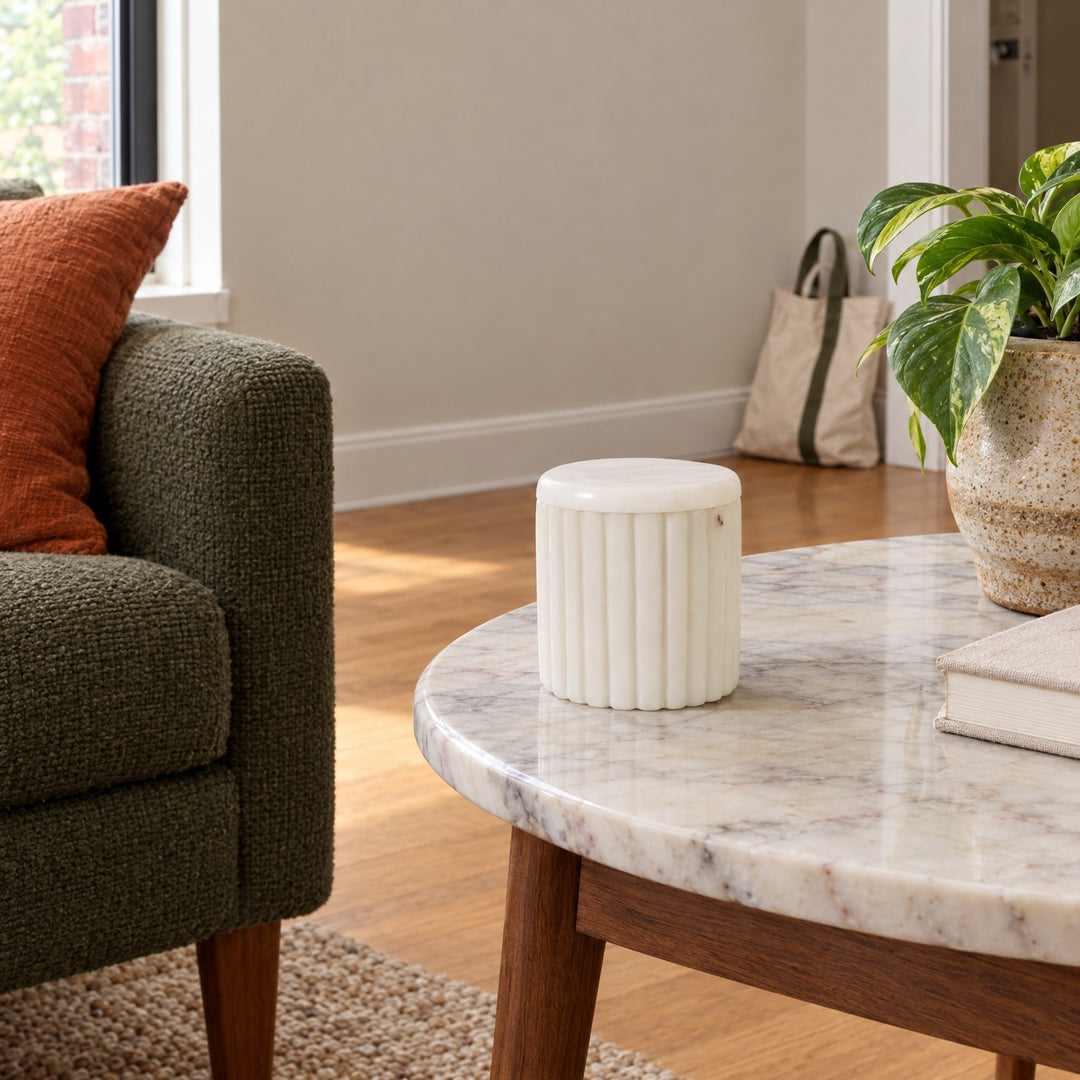 Blanc Saffron &amp; Suede Fluted Lidded Candle, 8 oz styled in a Portland living room - Whats New Furniture