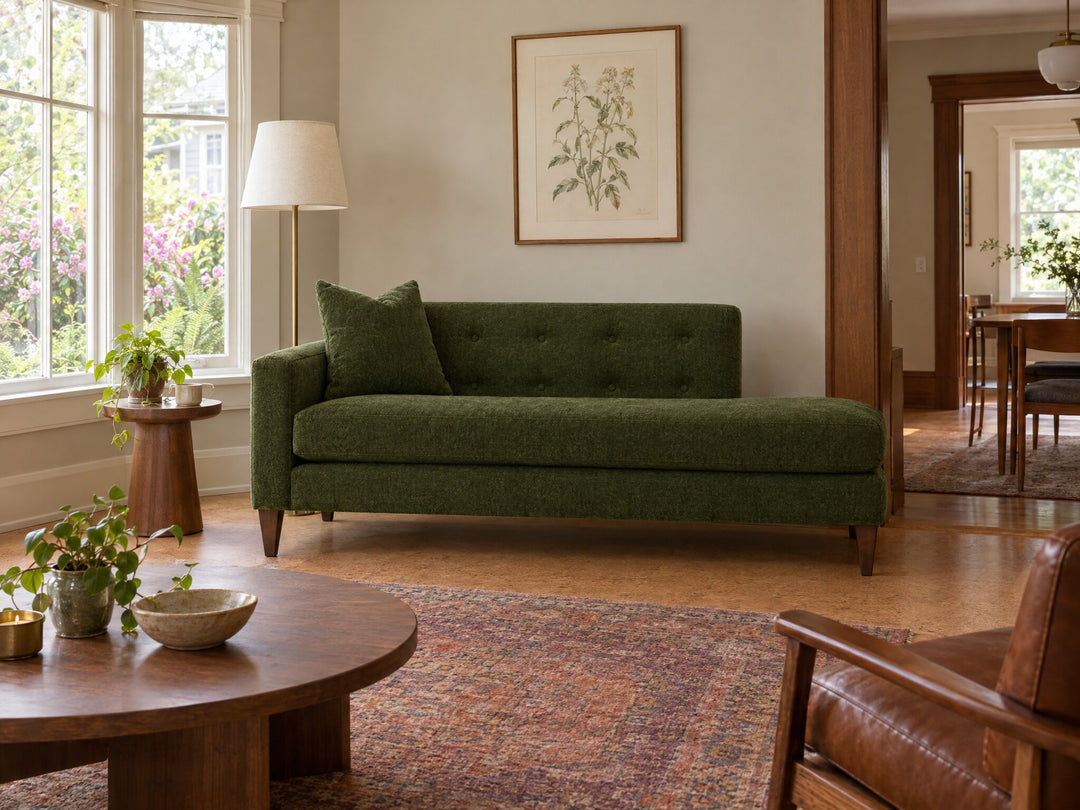 Blazer Chaise Lounge in Lush Spinach, left-hand facing styled in a Sellwood foursquare sitting room - Whats New Furniture Portland OR