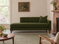 Blazer Chaise Lounge in Lush Spinach, right-hand facing styled in an Alphabet District walk-up apartment - Whats New Furniture Portland OR