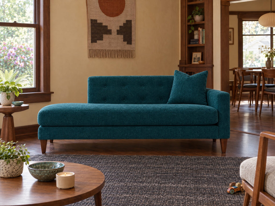 Blazer Chaise Lounge in Lush Turquoise, right-hand facing styled in a 1910 St. Johns bungalow - Whats New Furniture Portland OR