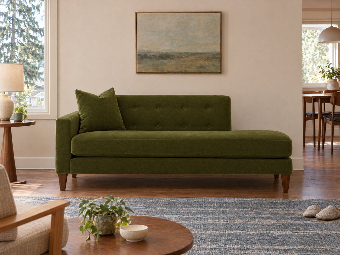 Blazer Chaise Lounge in Vintage Moss, left-hand facing styled in a Beaverton split-level home - Whats New Furniture Portland OR