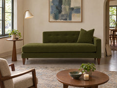 Blazer Chaise Lounge in Vintage Moss, right-hand facing styled in a 1930s SW Portland Tudor cottage - Whats New Furniture Portland OR
