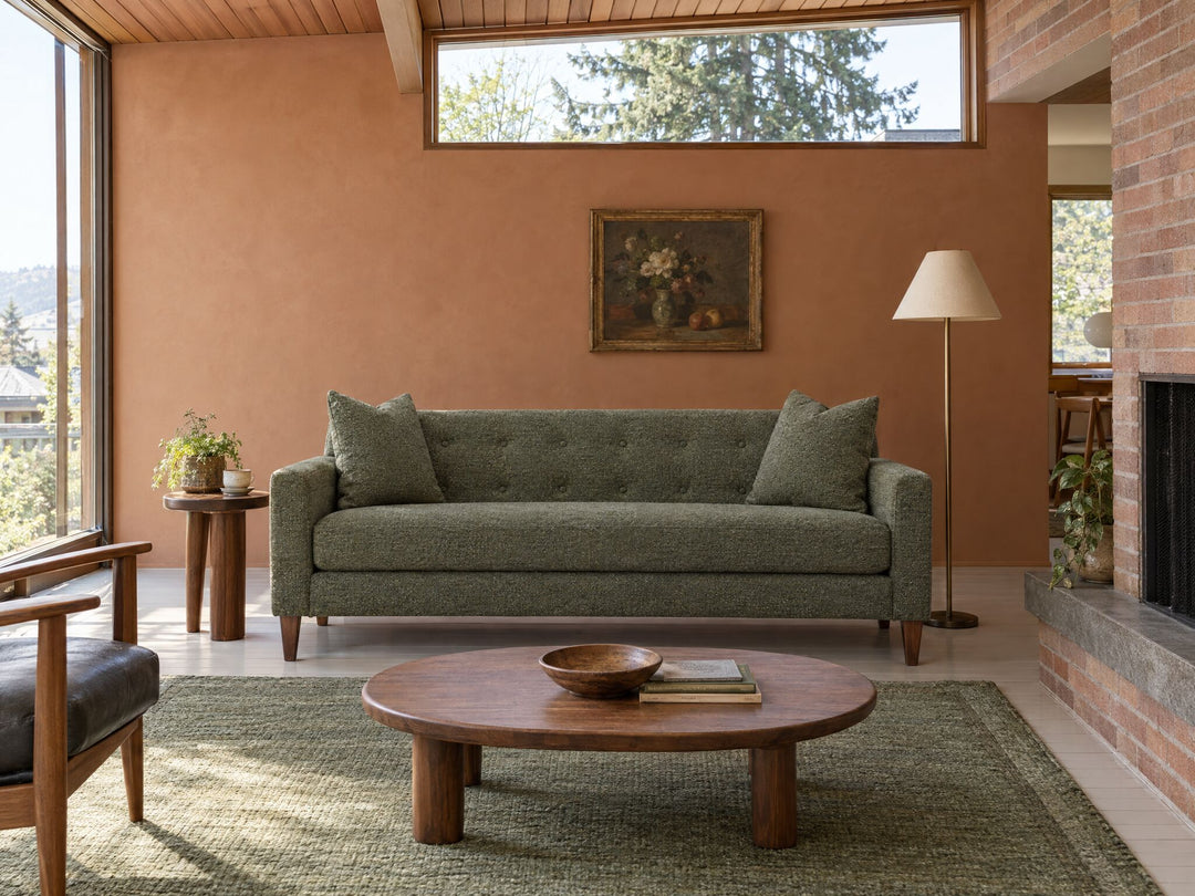 Blazer Loft Sofa in Couture Herb styled in a Mt. Tabor mid-century house - Whats New Furniture Portland OR