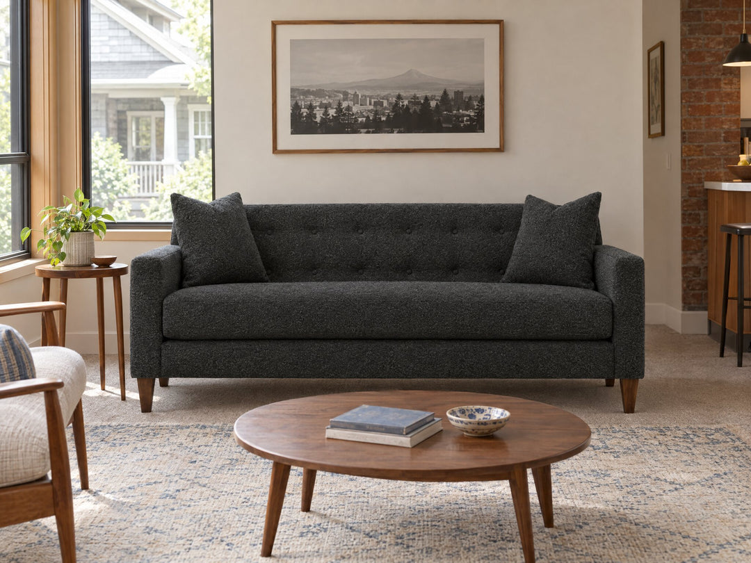 Blazer Loft Sofa in Dominator Charcoal styled in a Kerns townhouse - Whats New Furniture Portland OR