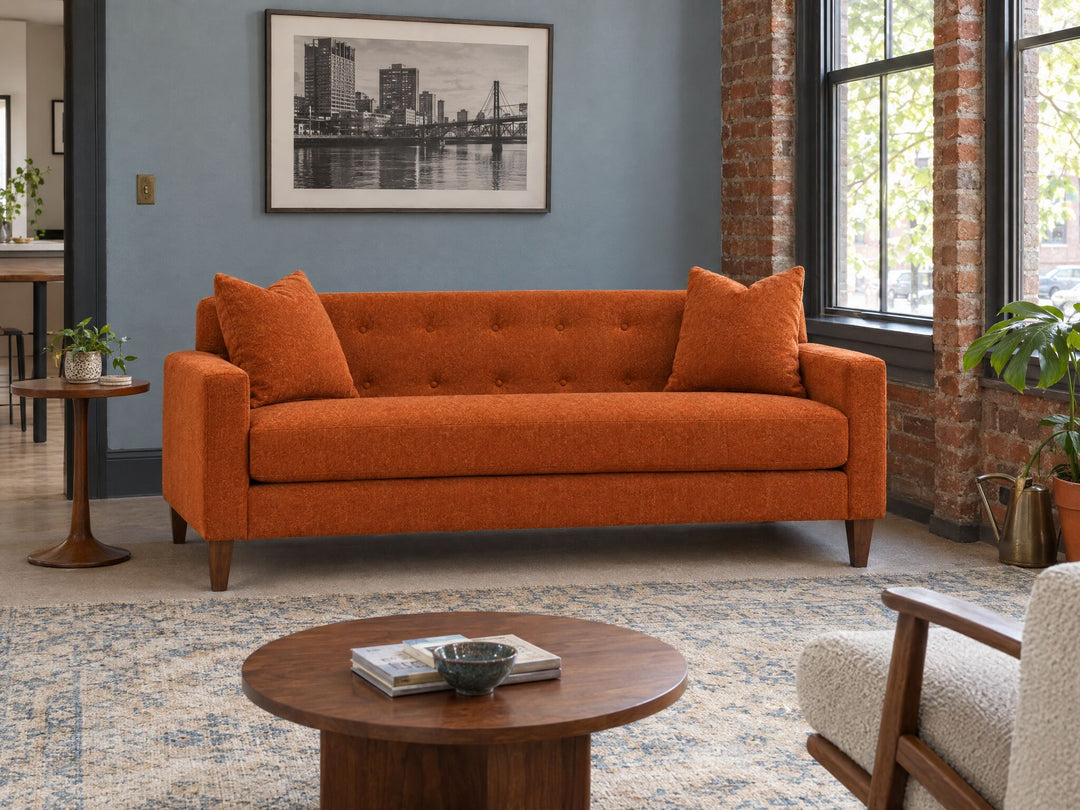 Blazer Loft Sofa in Lush Papaya styled in a NW Portland converted brick corner apartment - Whats New Furniture Portland OR