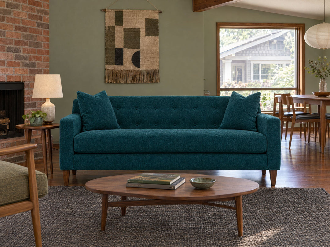 Blazer Loft Sofa in Lush Turquoise styled in a 1960s Portland ranch - Whats New Furniture Portland OR
