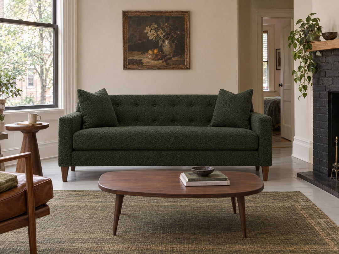 Blazer Loft Sofa in Rio Spinach styled in an Alphabet District walk-up apartment - Whats New Furniture Portland OR