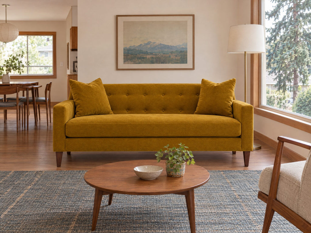 Blazer Loft Sofa in Vintage Saffron styled in a Beaverton split-level home - Whats New Furniture Portland OR