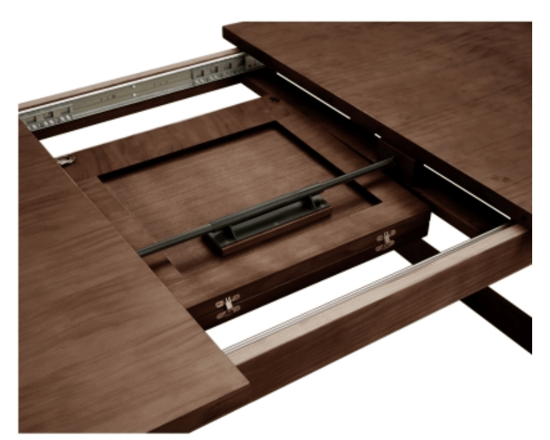 Bloomfield Butterfly Dining Table in Dark Walnut close-up detail of butterfly extension mechanism - dining table by NPD - Whats New Furniture Portland OR