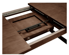 Bloomfield Butterfly Dining Table in Dark Walnut close-up detail of butterfly extension mechanism - dining table by NPD - Whats New Furniture Portland OR
