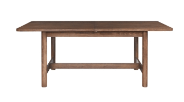 Bloomfield Butterfly Dining Table in Dark Walnut perspective view with butterfly leaf extended - trestle dining table by NPD - Whats New Furniture Portland OR