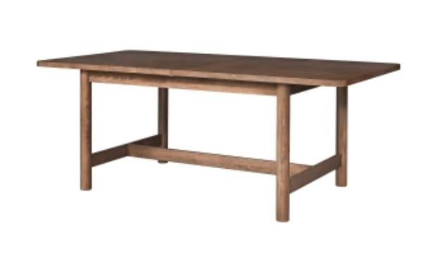 Bloomfield Butterfly Dining Table in Dark Walnut perspective view showing trestle base with cross-stretcher - dining table by NPD - Whats New Furniture Portland OR