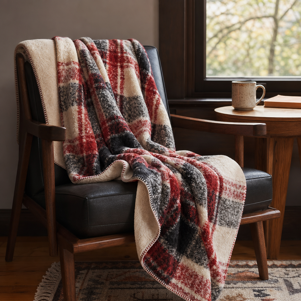 Bloomington Faux Mohair Throw in Red styled in Portland living room - Whats New Furniture